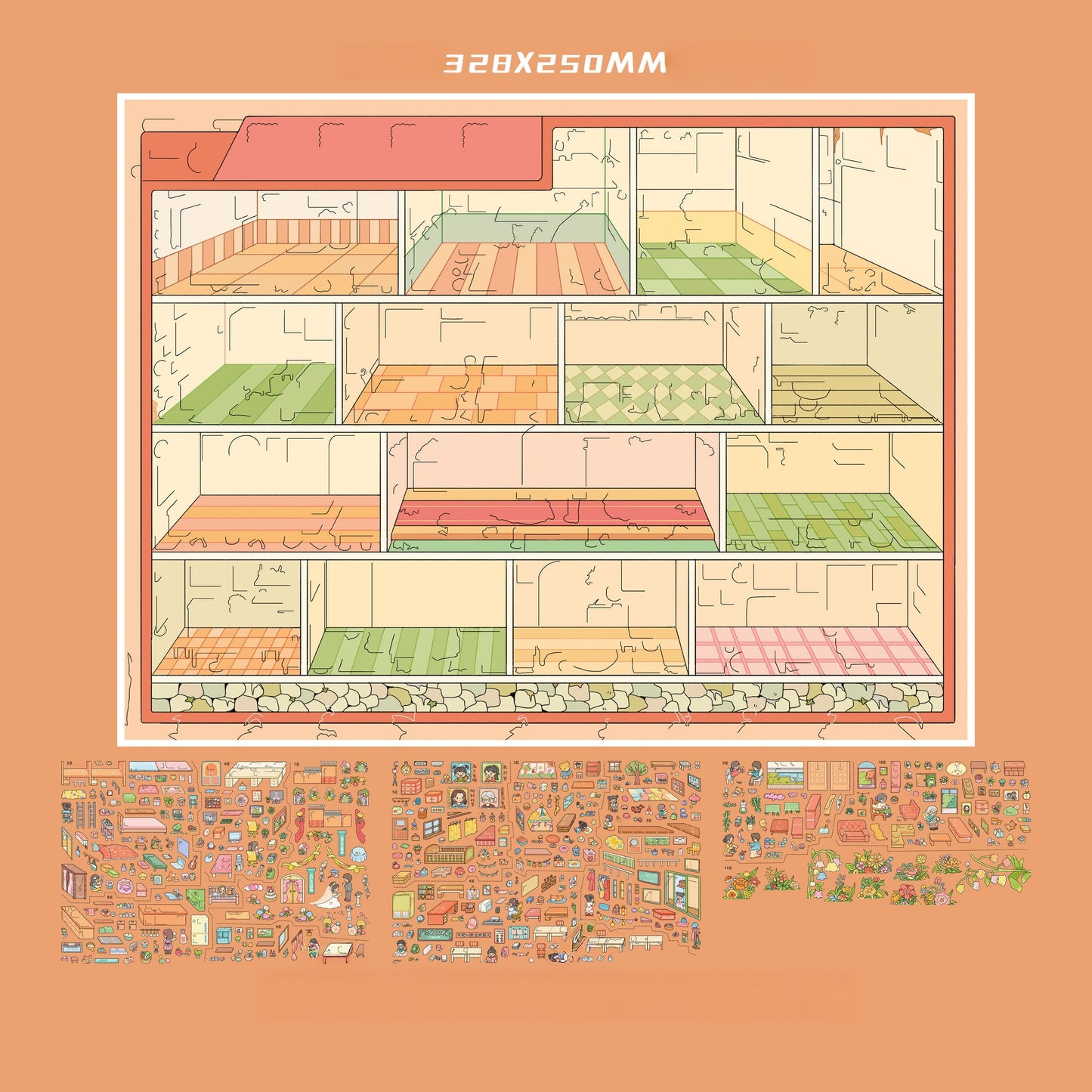 Grid Room 3D Sticker | 2 Cute Miniature Scenes