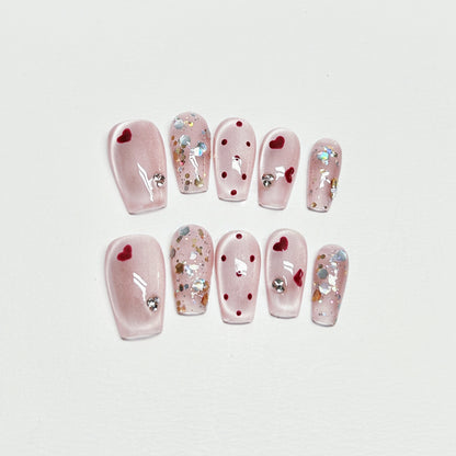 Pink Cat-Eye Polka Dot French Nails with Diamond - Medium Square