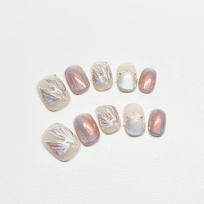 White Shell French Nail with Pearl - Medium Square/Short Almond
