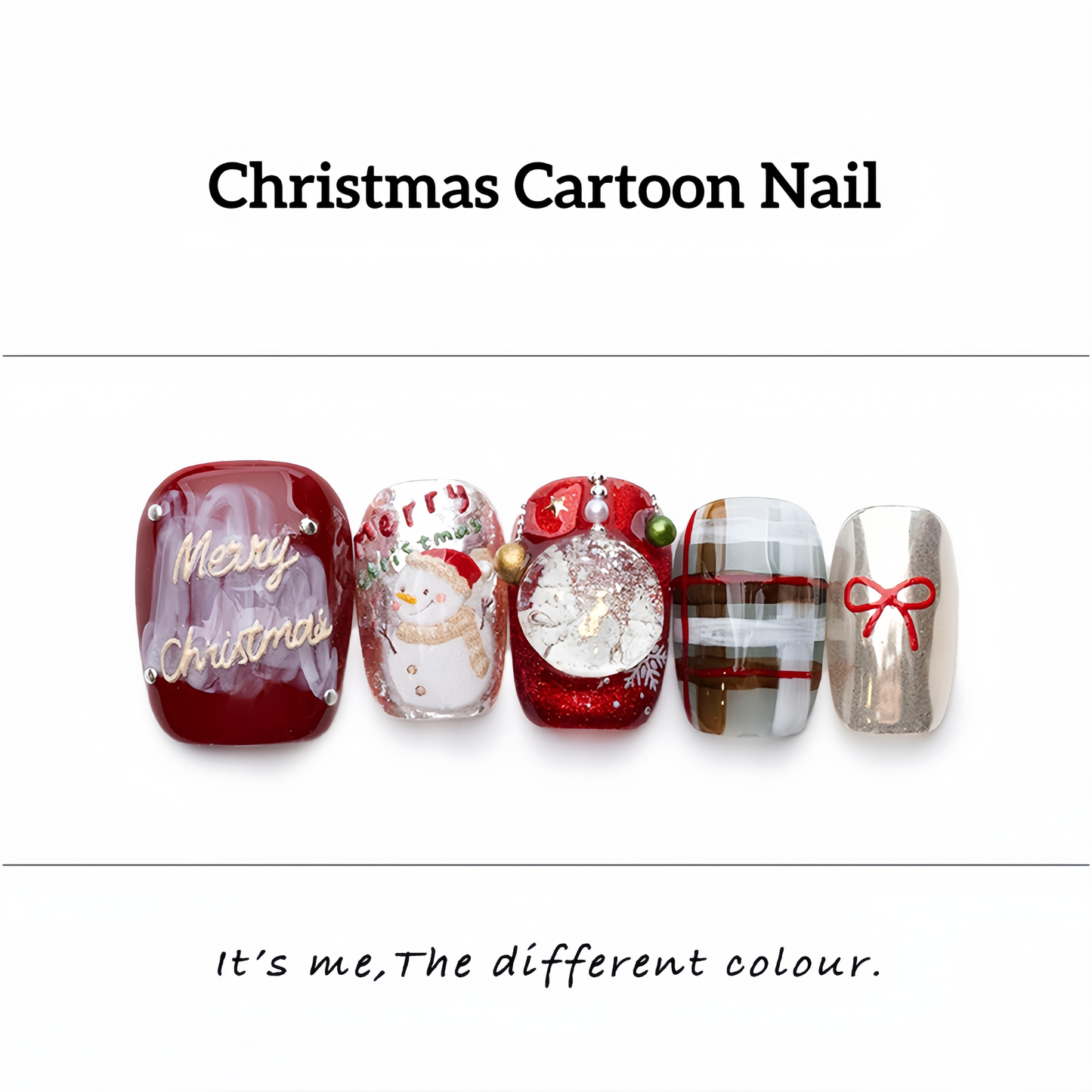 Red Cartoon Christmas Checked Nail with Pearl - Medium Square