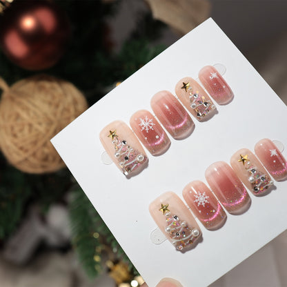 Pink Glided Gold Cat-eye Christmas Nail with Pearl - Medium Square