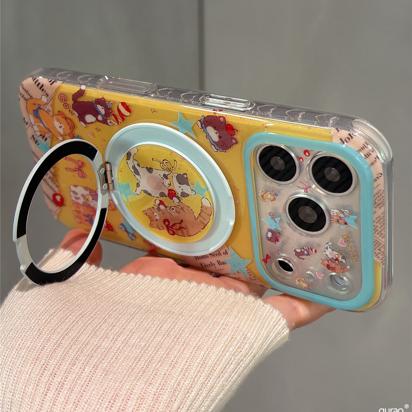 Cartoon Newspaper Kitten Magnetic Stand Acrylic Phone Case