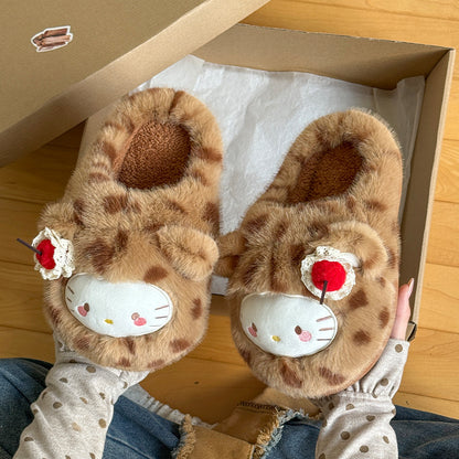 Kitty Leopard Print Fluffy Slippers