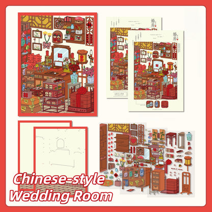 Ancient Chinese Room 3D Sticker | 4 Cute Miniature Scenes