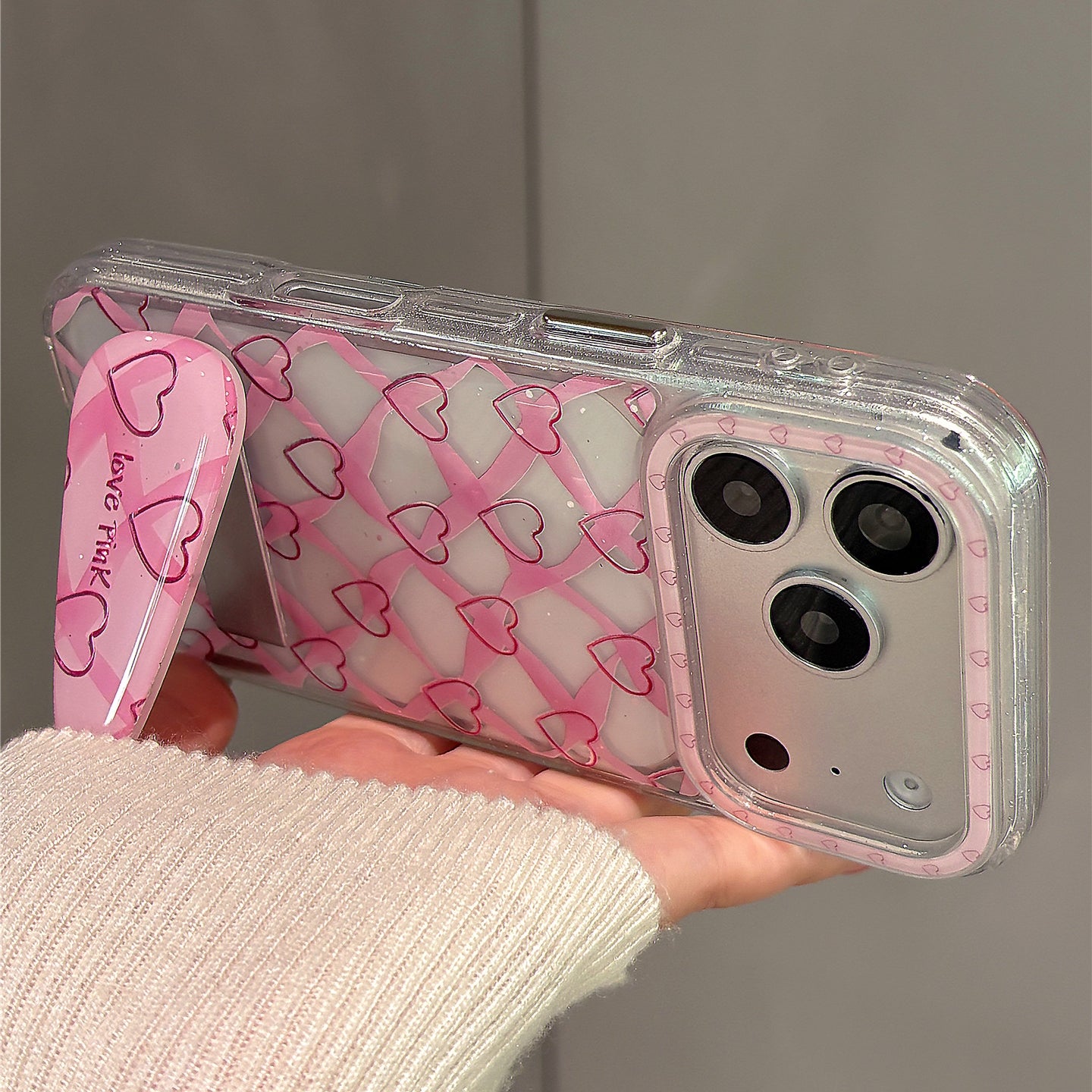 Pink Ribbon Heart Hair Clip Magnetic Stand Acrylic Phone Case