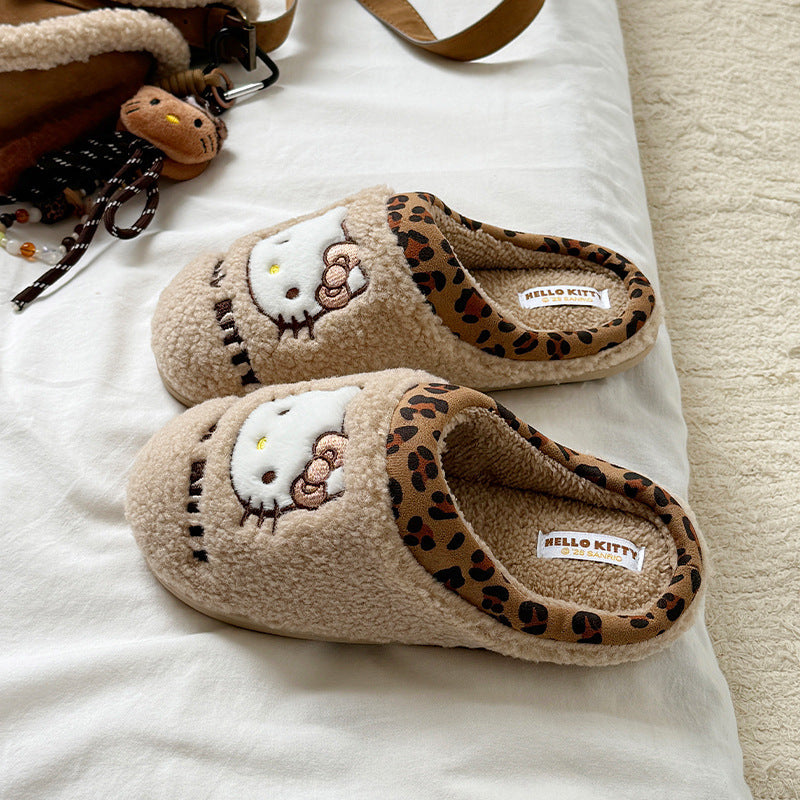 Kitty Leopard Trim Fluffy Slippers