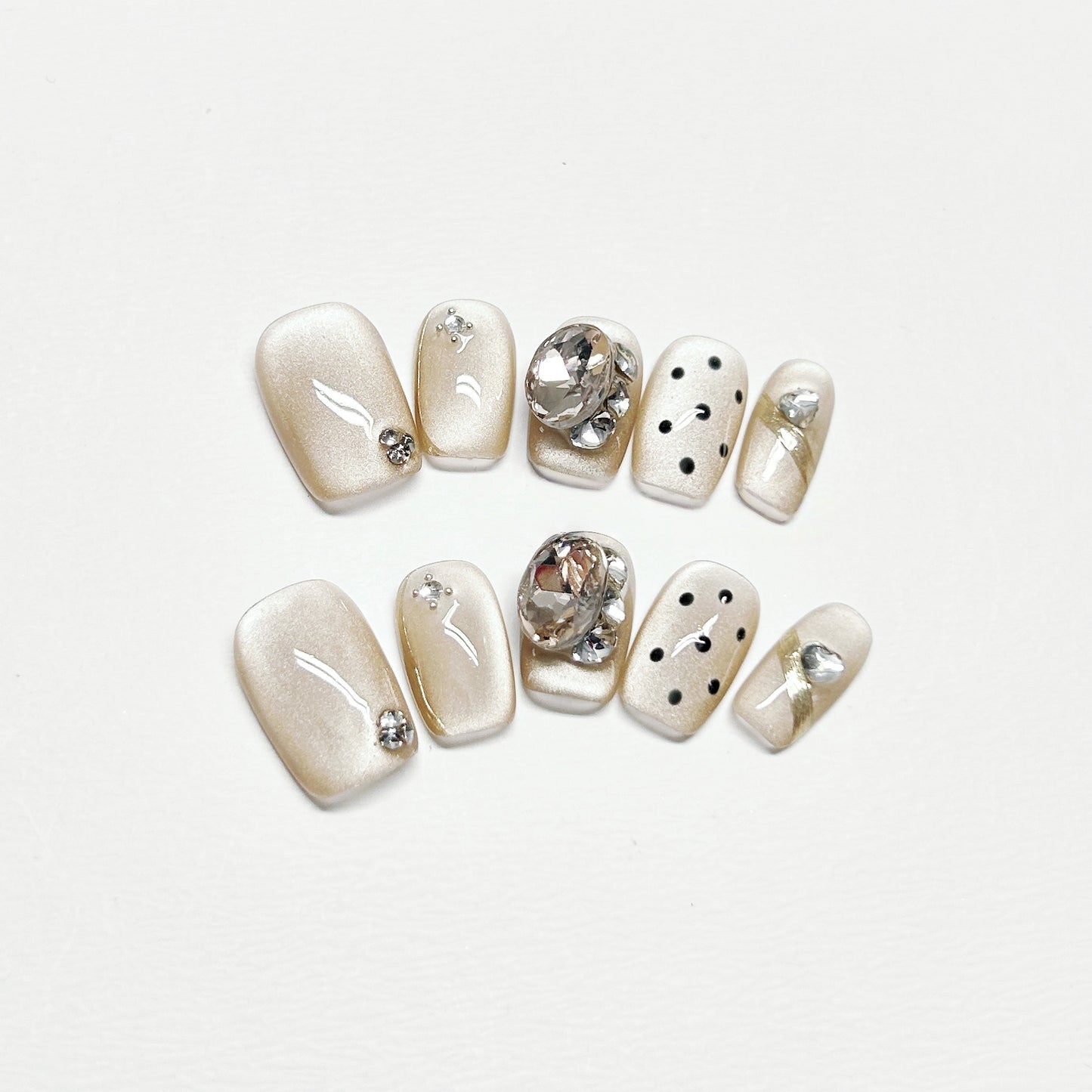 White Cat-Eye Polka Dot French Nails with Diamond - Medium Square