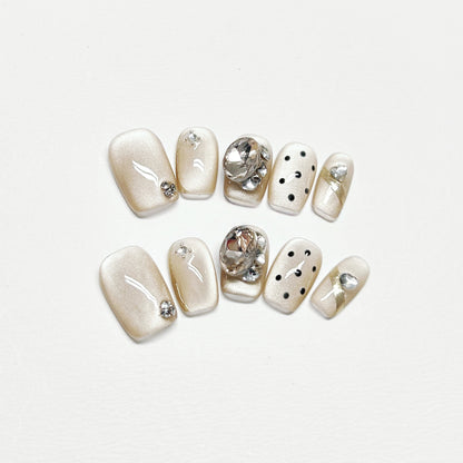White Cat-Eye Polka Dot French Nails with Diamond - Medium Square