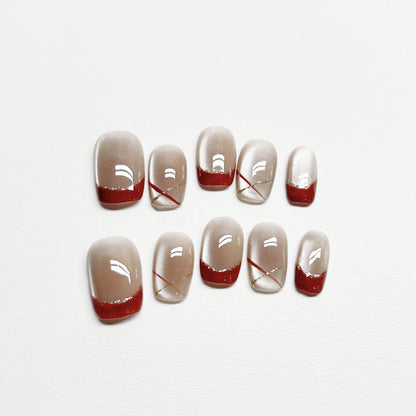 Red Vintage French Cat-eye Nail - Medium Square