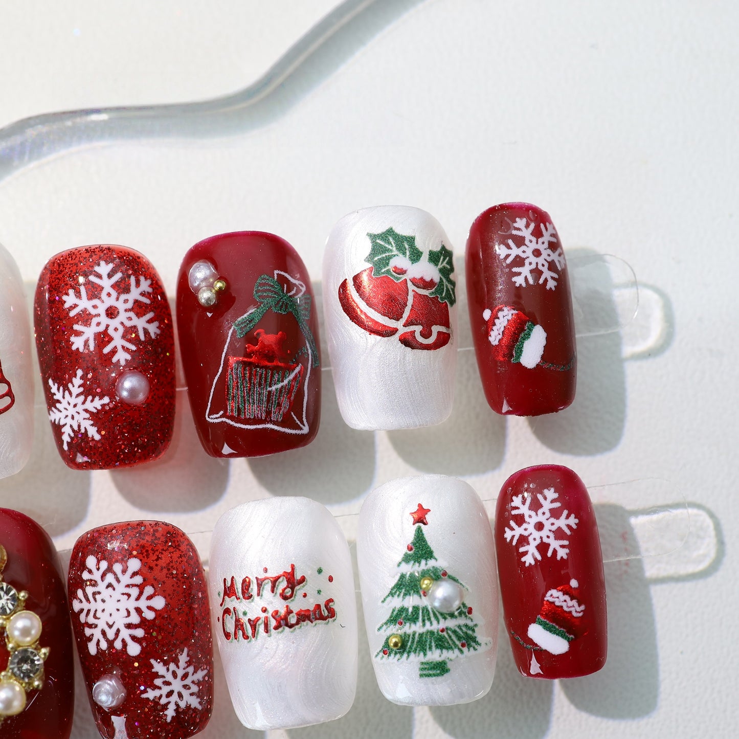 Red French Shinny Hand Painted Christmas Nail with Diamond/Pearl - Short Coffin