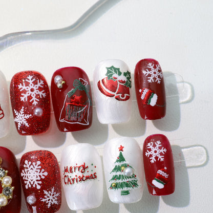 Red French Shinny Hand Painted Christmas Nail with Diamond/Pearl - Short Coffin