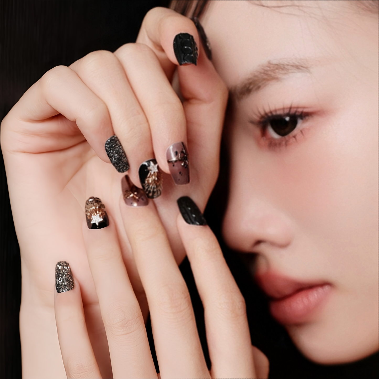 Black Cartoon Christmas Nail  - Short Coffin