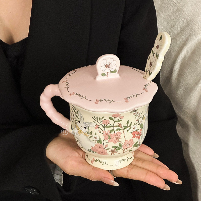 Rabbit Among Flowers Ceramic Mug with Lid and Spoon