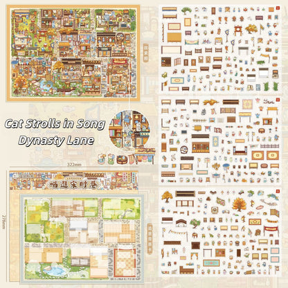 Ancient Alley Cat Adventure 3D Sticker | 4 Cute Miniature Scenes