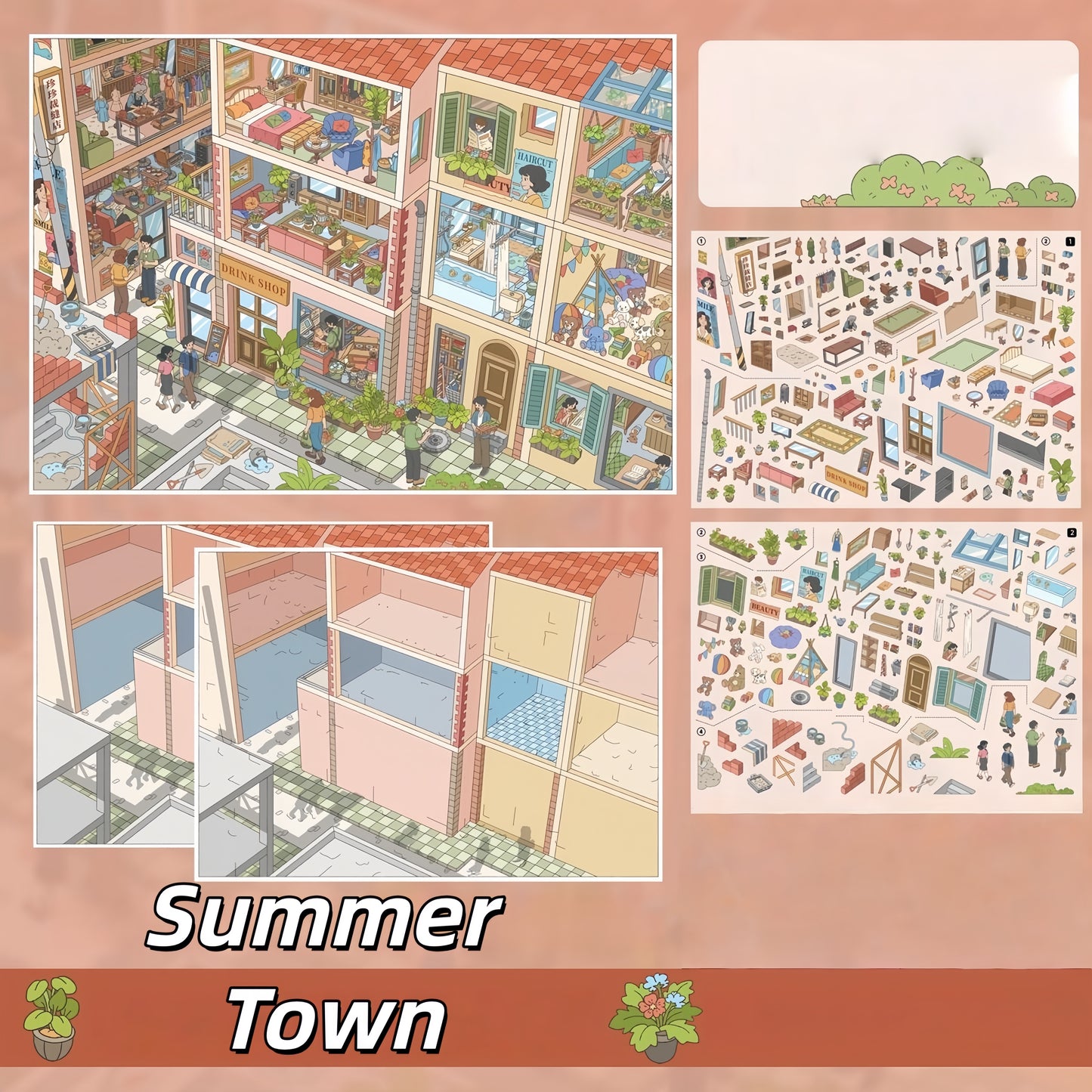 Small Town Stories 3D Sticker | 5 Cute Miniature Scenes