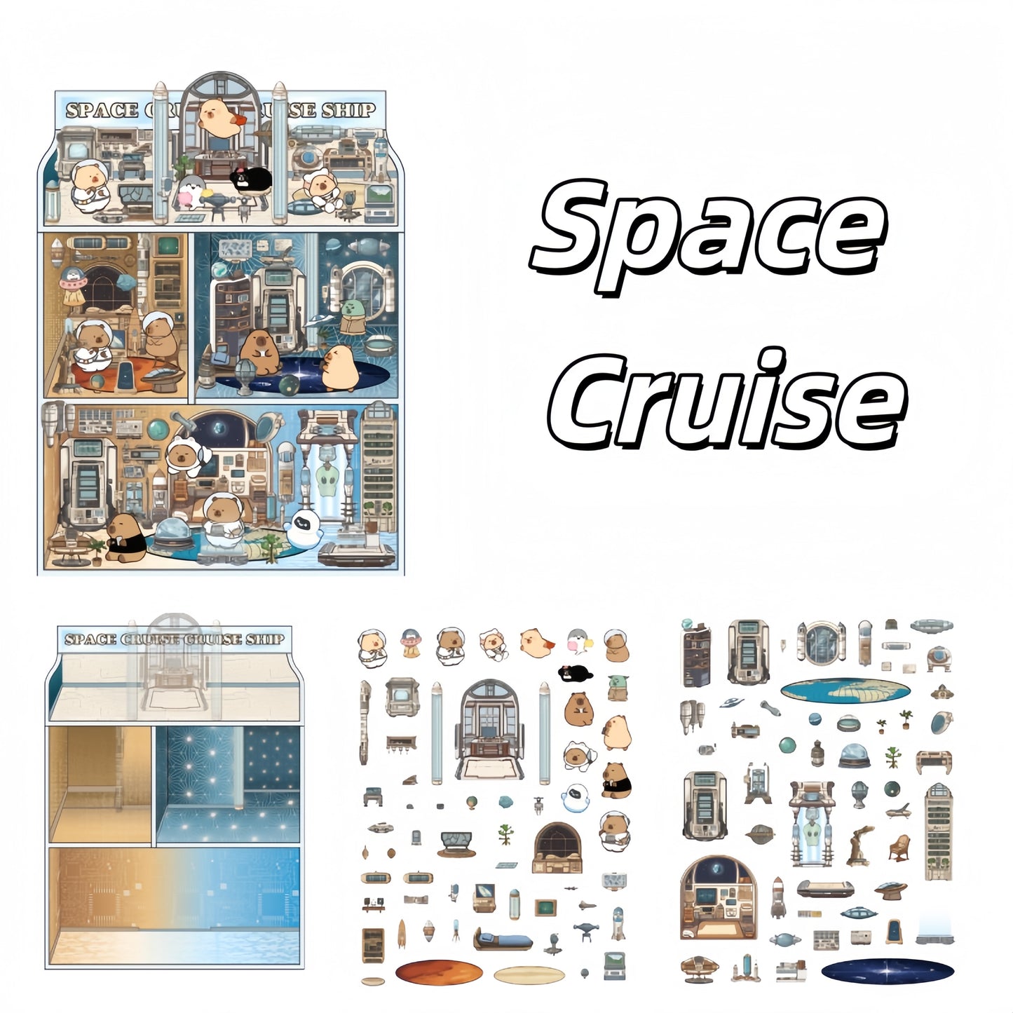Capybara Hotel 3D Sticker | 4 Cute Miniature Scenes