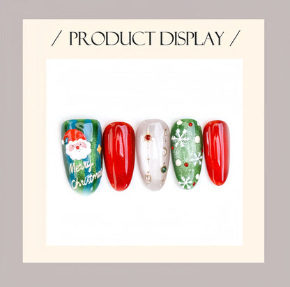 Shinny Cartoon Cat-eye Christmas Nail with Gem - Medium Almond