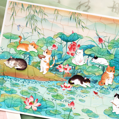 Cat and Lotus 3D Sticker | 2 Cute Miniature Scenes
