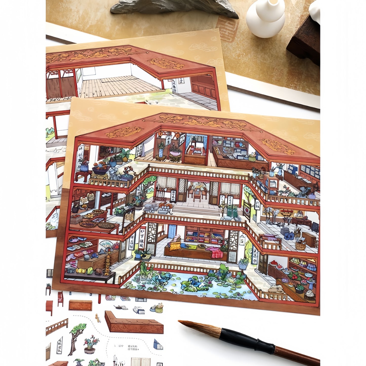 Oriental Dwellings 3D Sticker | 2 Cute Miniature Scenes