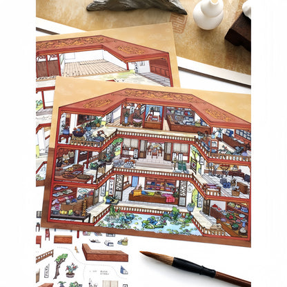 Oriental Dwellings 3D Sticker | 2 Cute Miniature Scenes