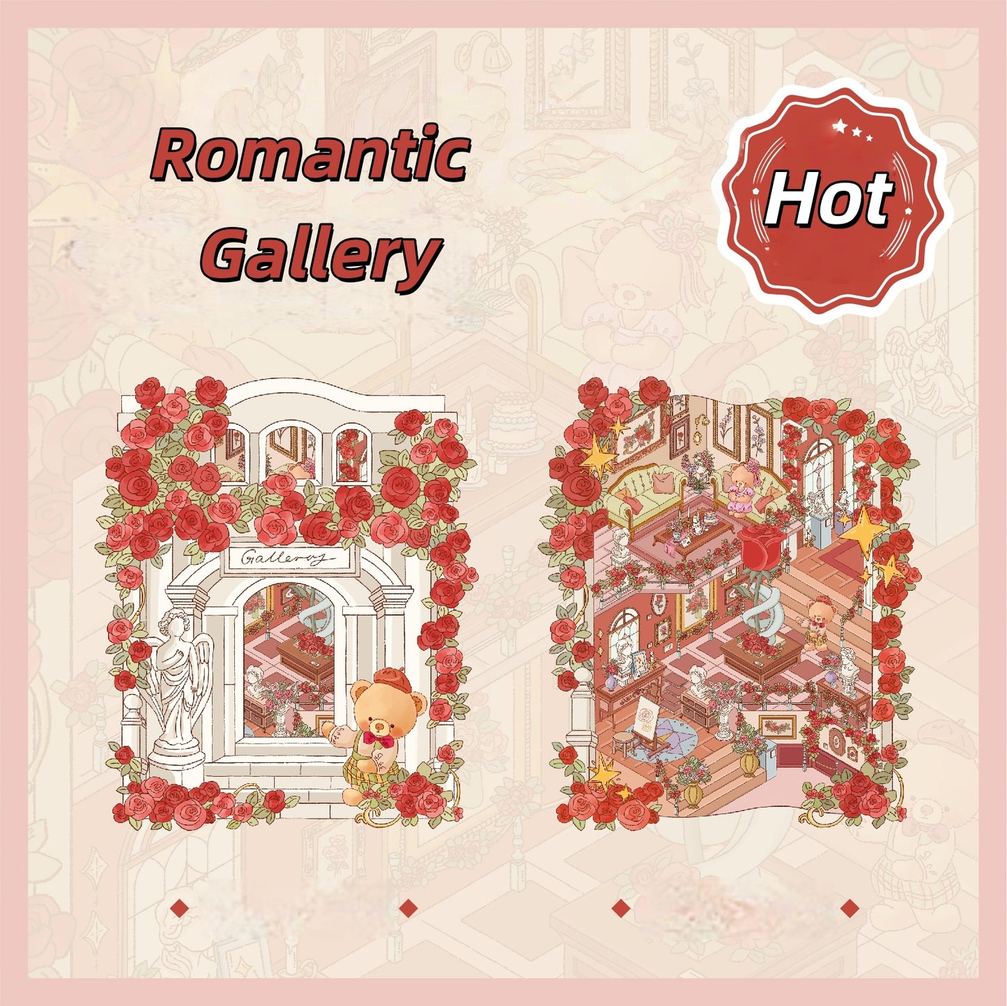 Little Bear's Romantic House 3D Sticker | 4 Cute Miniature Scenes