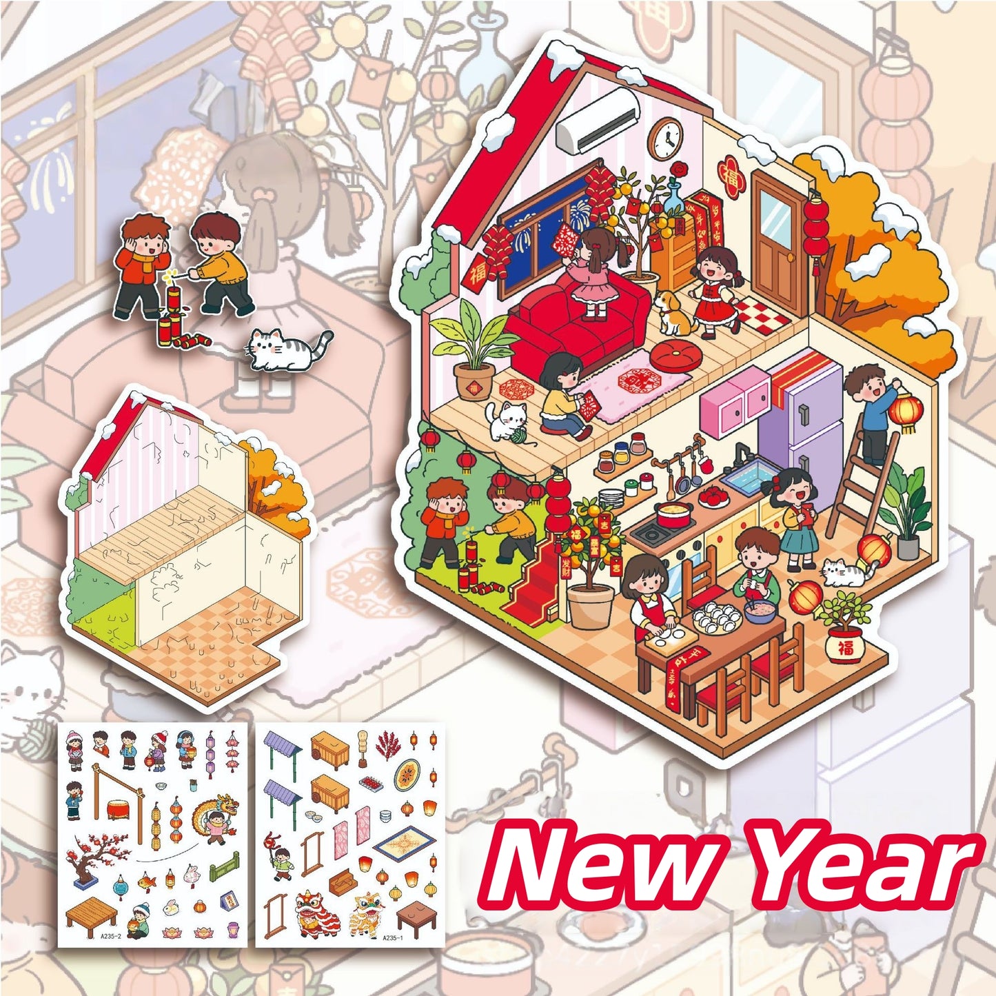 Celebrate the Festival 3D Sticker | 4 Cute Miniature Scenes