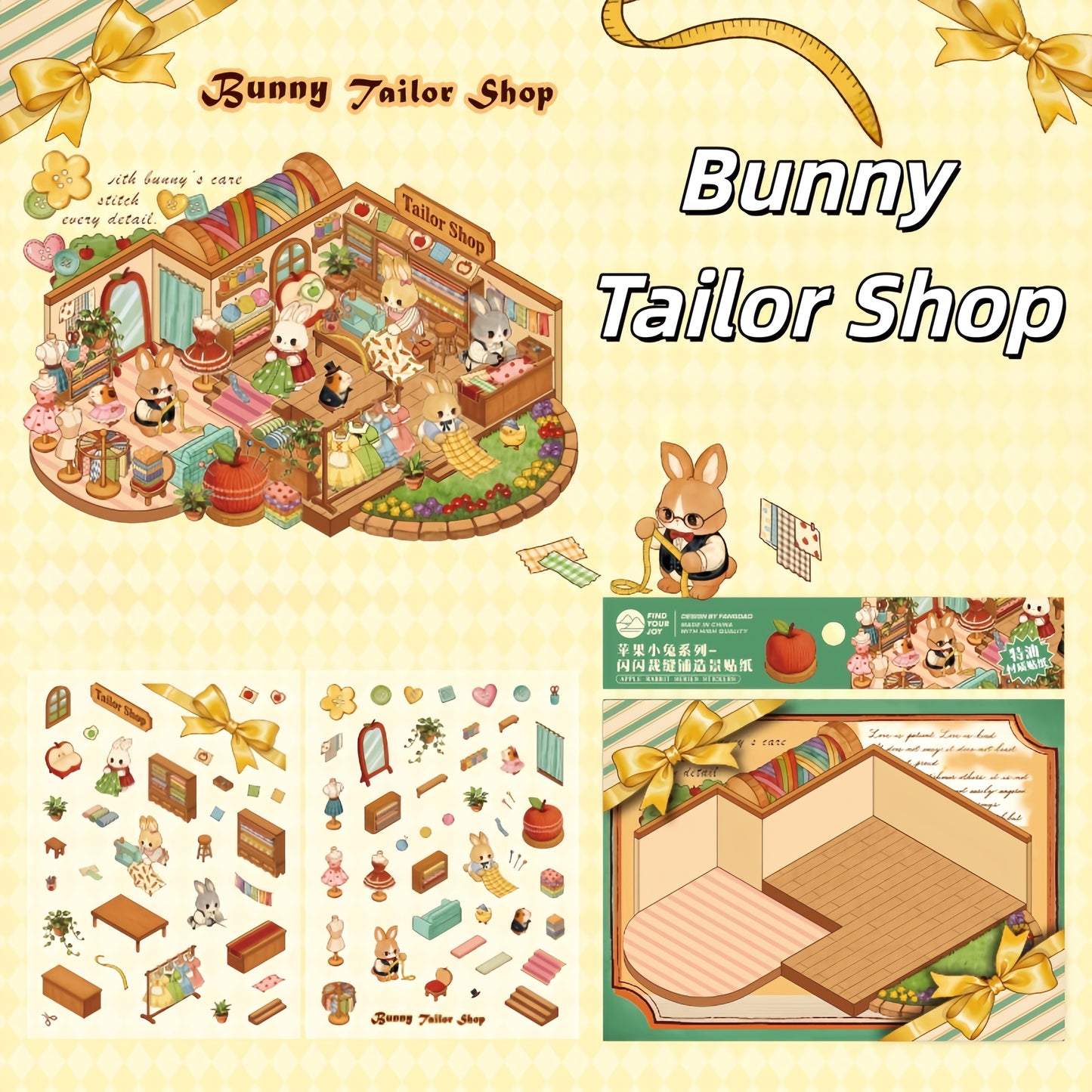 Apple Bunny 3D Sticker | 4 Cute Miniature Scenes