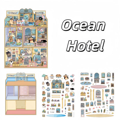 Capybara Hotel 3D Sticker | 4 Cute Miniature Scenes