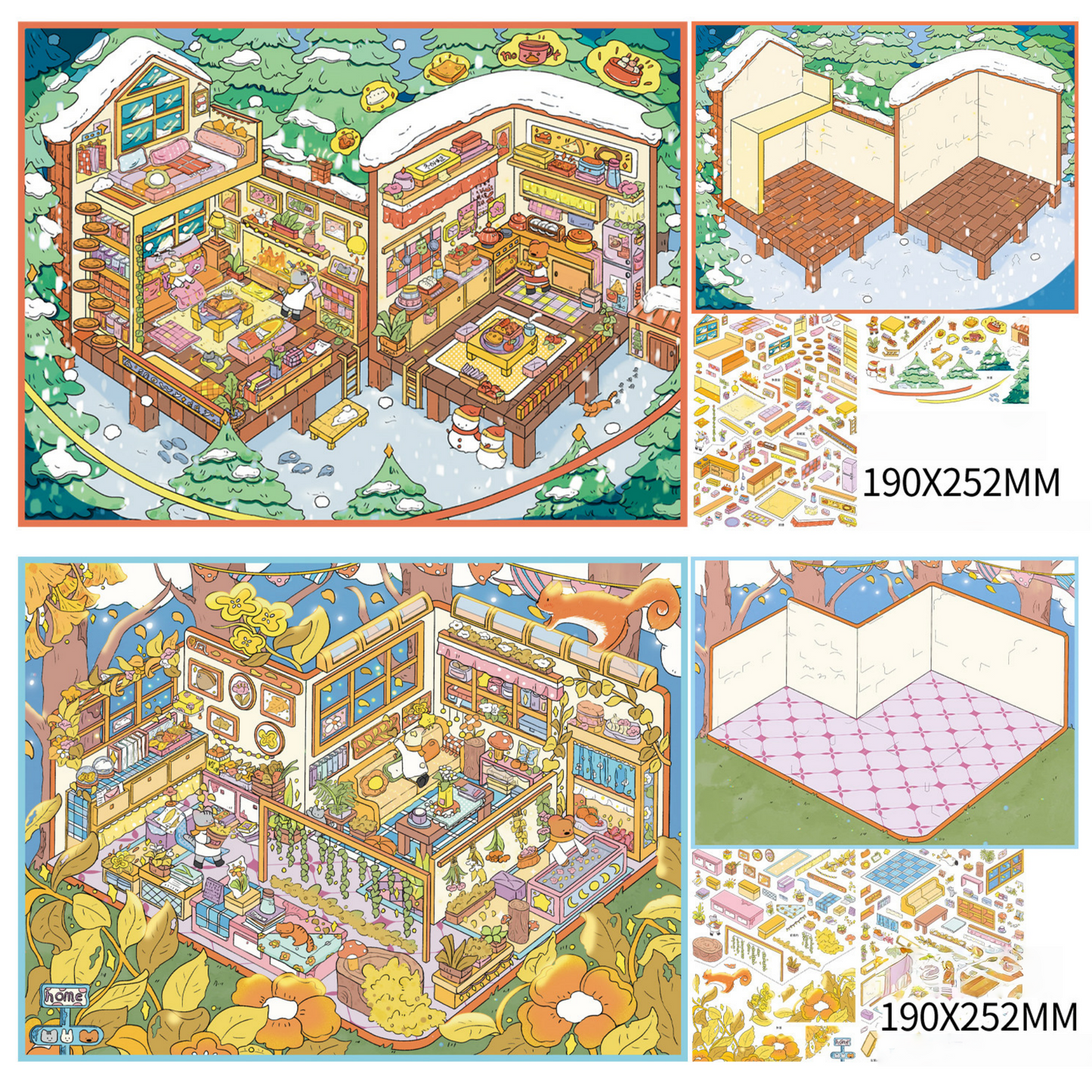 Cabins in Seasons 3D Sticker | 2 Cute Miniature Scenes