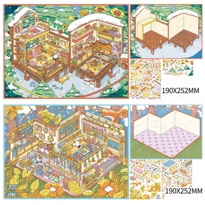 Cabins in Seasons 3D Sticker | 2 Cute Miniature Scenes