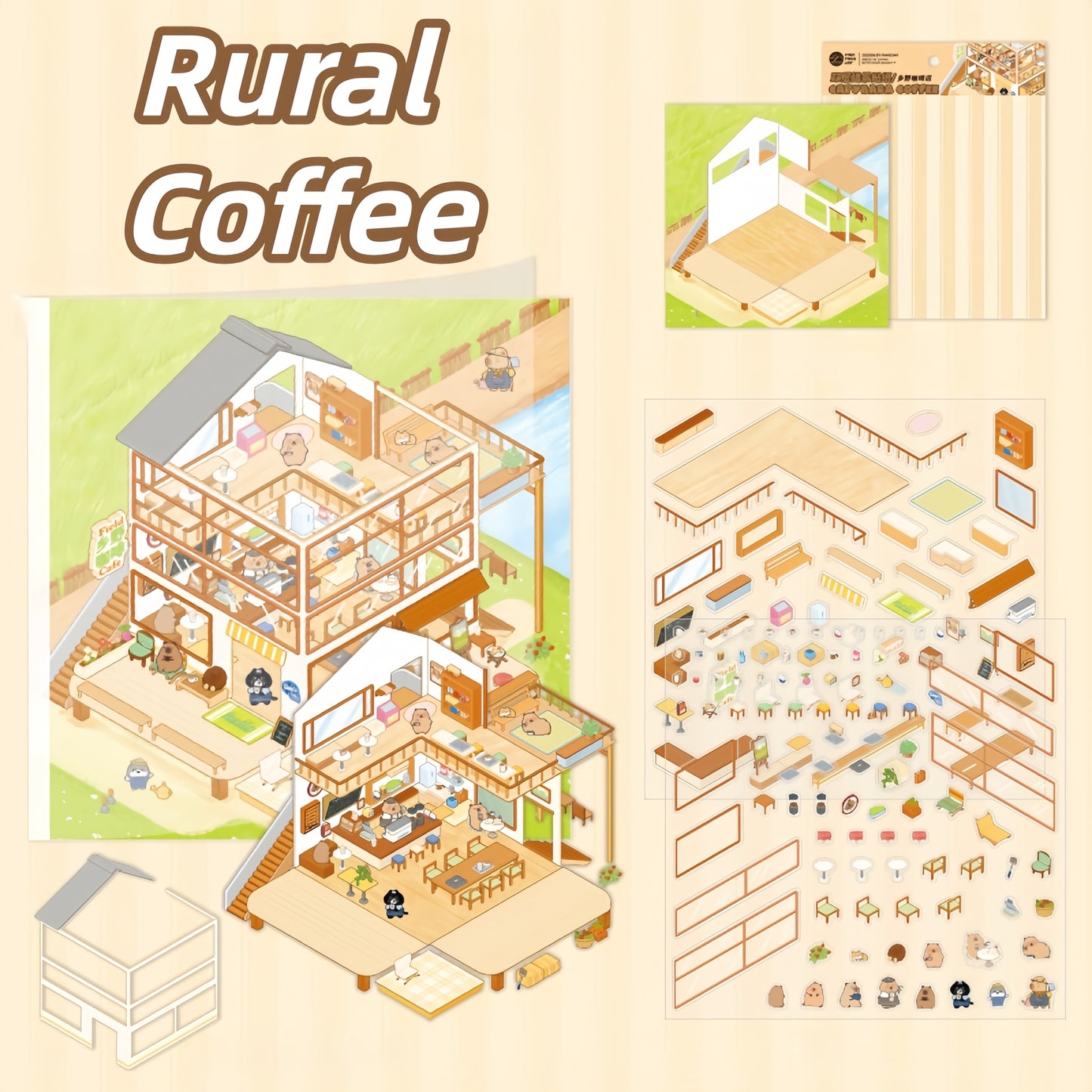 Capybara Cafe 3D Sticker | 4 Cute Miniature Scenes