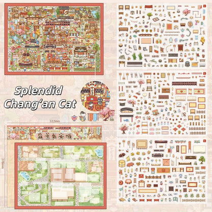 Ancient Alley Cat Adventure 3D Sticker | 4 Cute Miniature Scenes