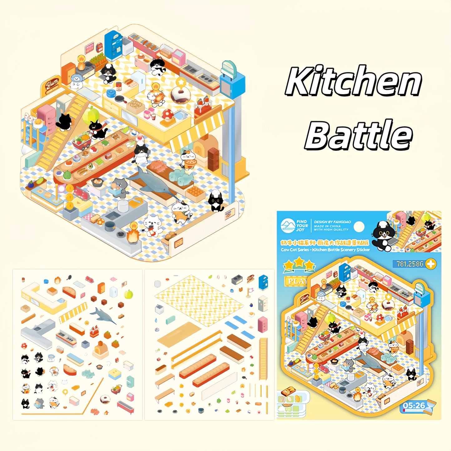 Cow Cat‘s Fun Daily 3D Sticker | 4 Cute Miniature Scenes