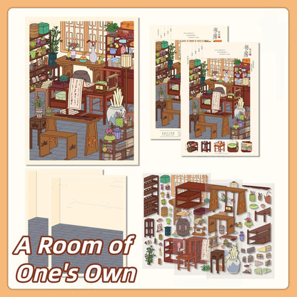 Ancient Chinese Room 3D Sticker | 4 Cute Miniature Scenes