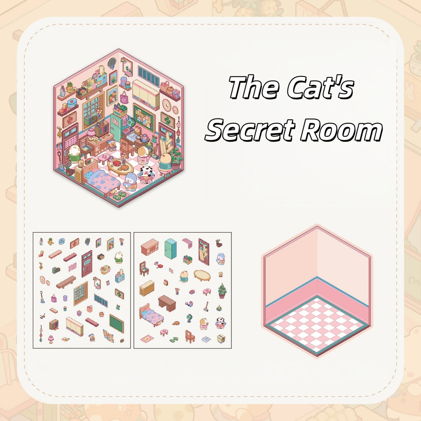 The Cat's Secret Room 3D Sticker | 4 Cute Miniature Scenes