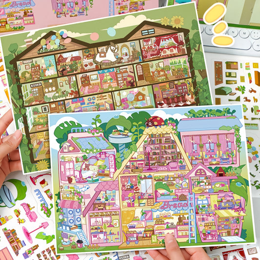 Grid House 3D Sticker | 2 Cute Miniature Scenes