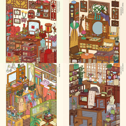Ancient Chinese Room 3D Sticker | 4 Cute Miniature Scenes