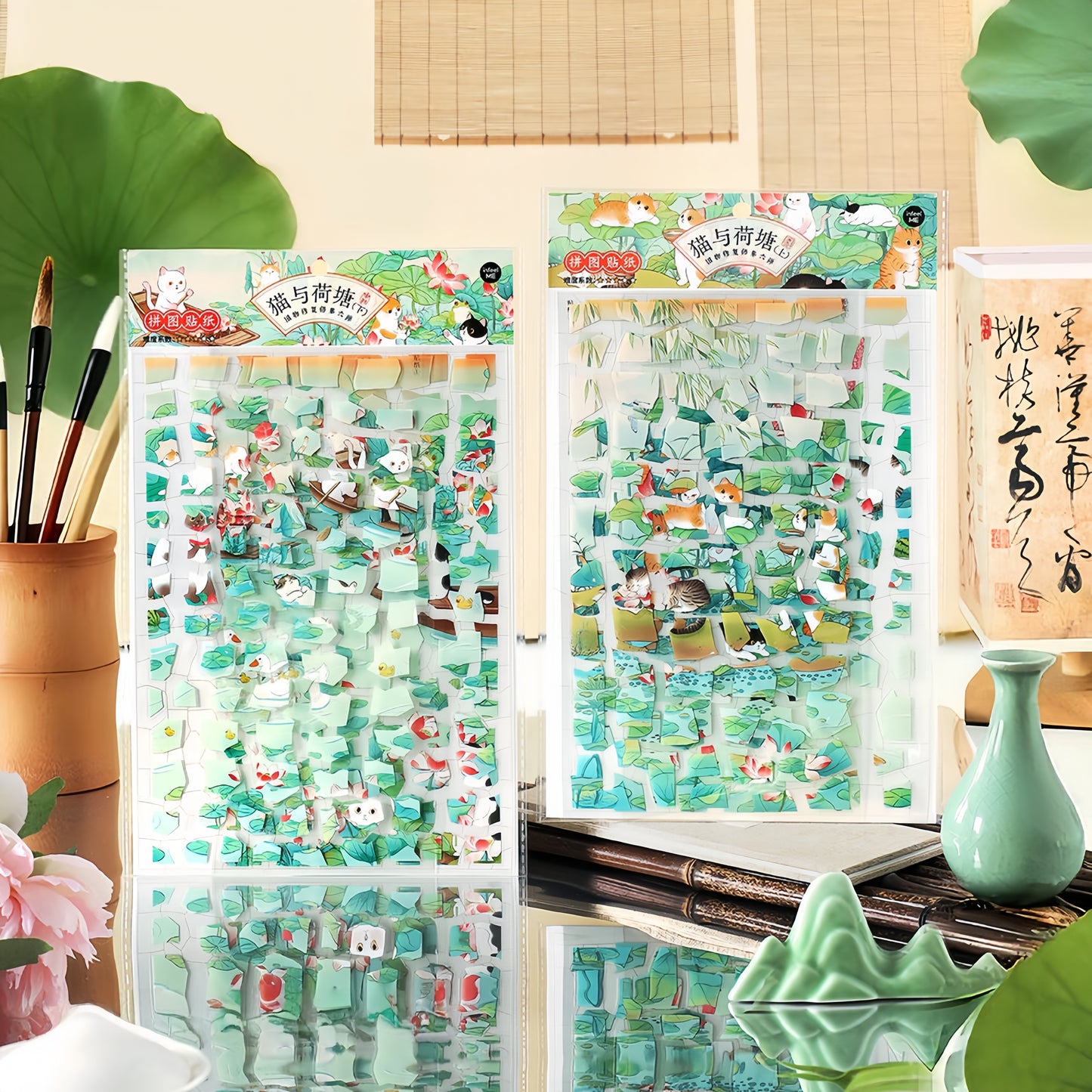 Cat and Lotus 3D Sticker | 2 Cute Miniature Scenes