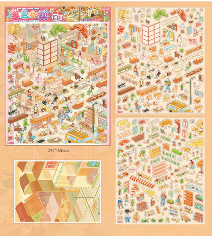 Town Street View 3D Sticker | 4 Cute Miniature Scenes