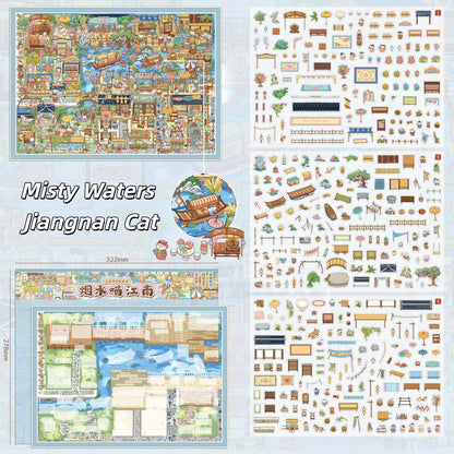 Ancient Alley Cat Adventure 3D Sticker | 4 Cute Miniature Scenes
