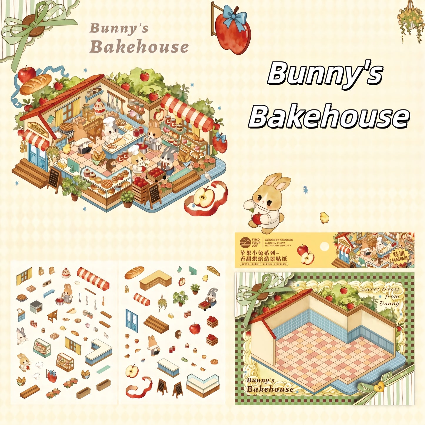Apple Bunny 3D Sticker | 4 Cute Miniature Scenes
