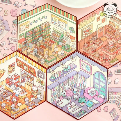 Bunny’s Dreamy Village 3D Sticker | 4 Cute Miniature Scenes
