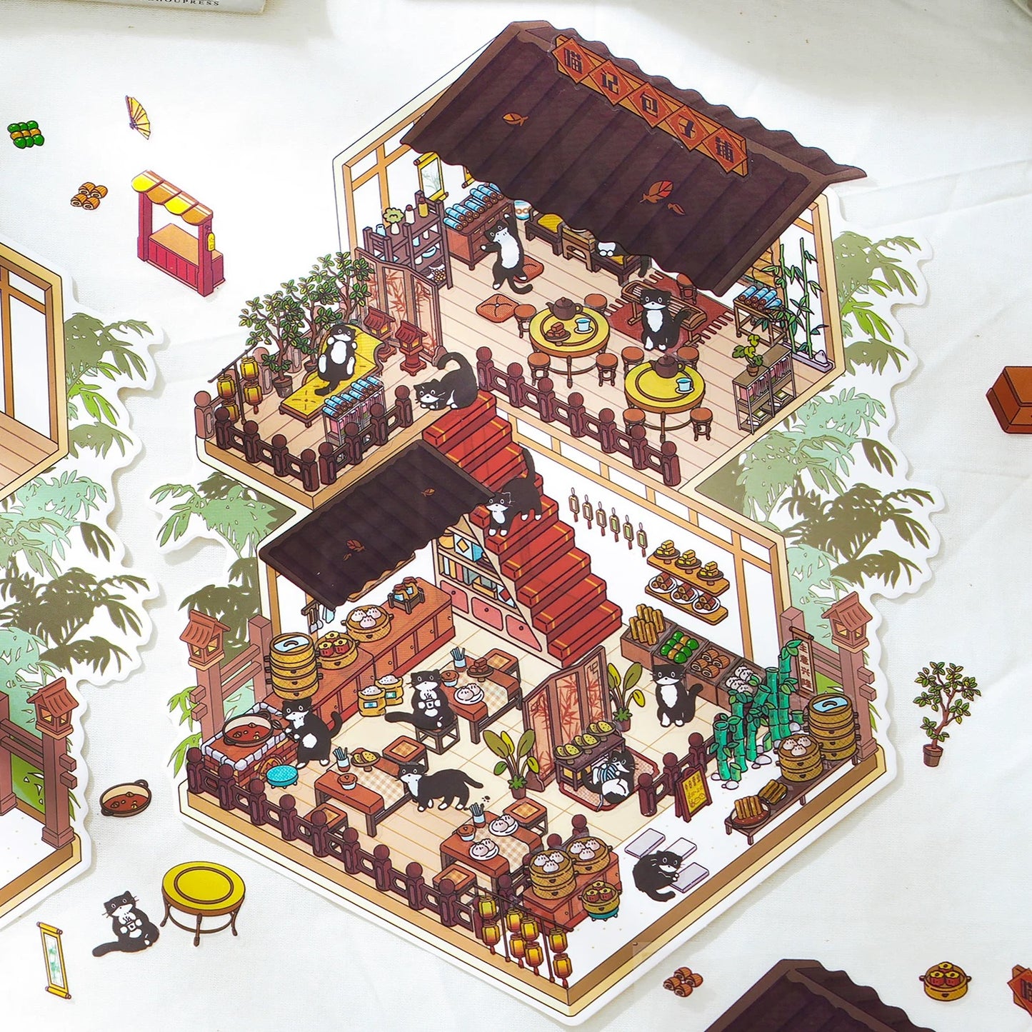 Whiskers & Bamboo 3D Sticker | 4 Cute Miniature Scenes