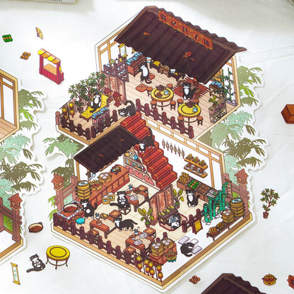 Whiskers & Bamboo 3D Sticker | 4 Cute Miniature Scenes