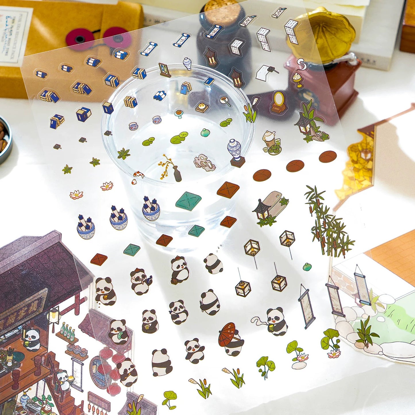 Whiskers & Bamboo 3D Sticker | 4 Cute Miniature Scenes