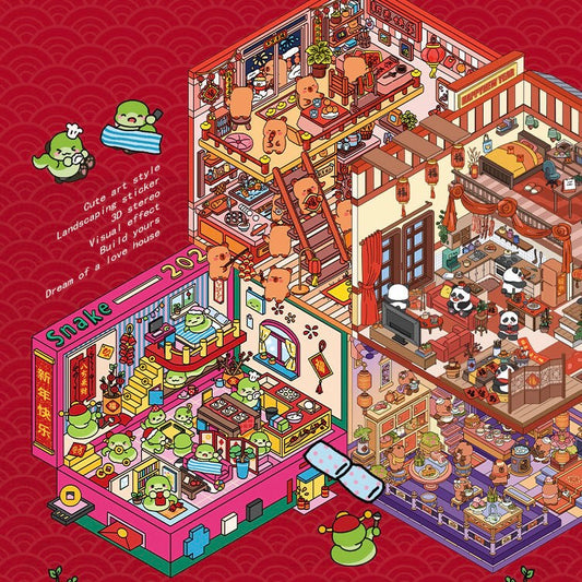Happy New Year 3D Sticker | 4 Cute Miniature Scenes