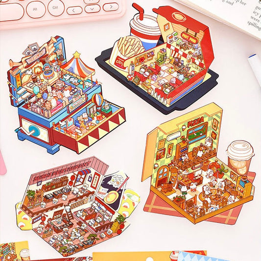 Foodie Funland 3D Sticker | 4 Cute Miniature Scenes