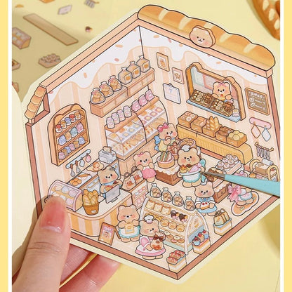 Cream Bear Town 3D Sticker | 4 Cute Miniature Scenes