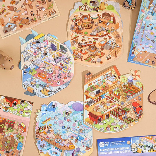 Capybara's Whimsical World 3D Sticker | 4 Cute Miniature Scenes