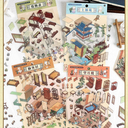 Ancient Chinese Pavilions 3D Sticker | 4 Cute Miniature Scenes
